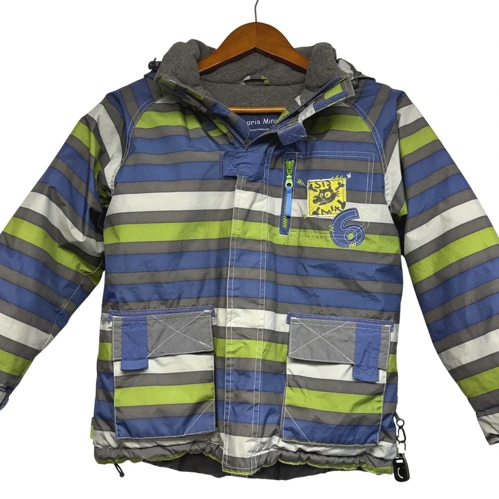 Souris Mini Boys Striped Hooded Winter Coat Blue Green Grey Fleece Lined Size 8